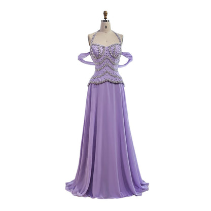 Luxury Arabic Lilac Chiffon Crystal Beaded A-Line Evening Dress LA73327 - SERENE  HILL