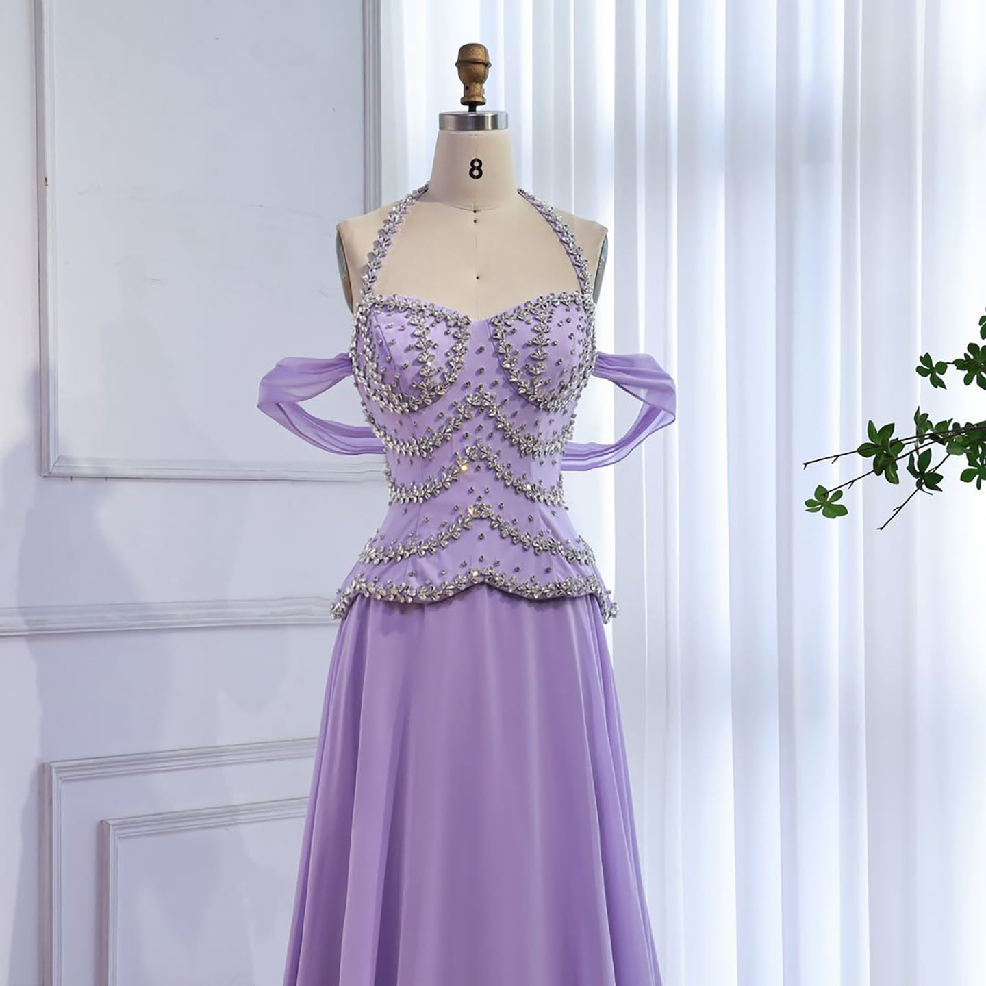 Luxury Arabic Lilac Chiffon Crystal Beaded A-Line Evening Dress LA73327 - SERENE  HILL