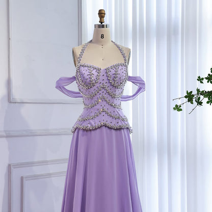 Luxury Arabic Lilac Chiffon Crystal Beaded A-Line Evening Dress LA73327 - SERENE  HILL