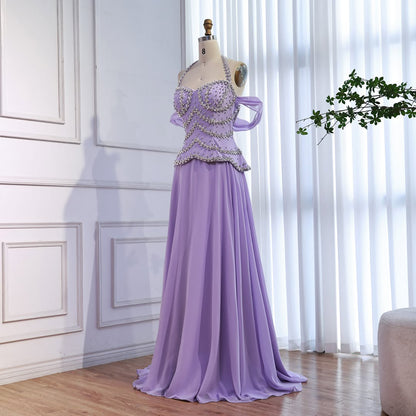 Luxury Arabic Lilac Chiffon Crystal Beaded A-Line Evening Dress LA73327 - SERENE  HILL
