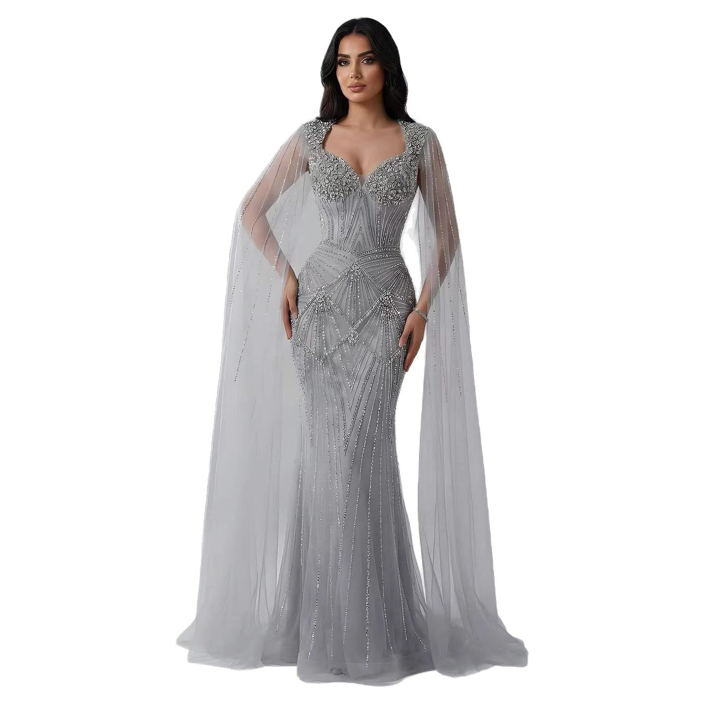 Luxury Dubai Pink Beaded Evening Dress With Cape LA73329 - SERENE  HILL