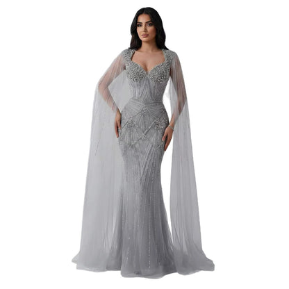 Luxury Dubai Pink Beaded Evening Dress With Cape LA73329 - SERENE  HILL