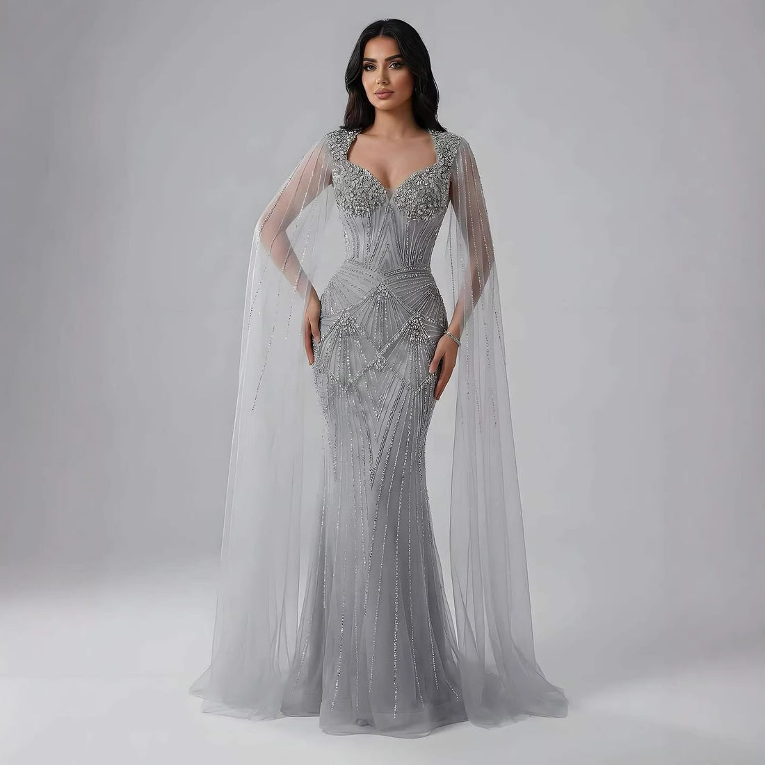 Luxury Dubai Pink Beaded Evening Dress With Cape LA73329 - SERENE  HILL
