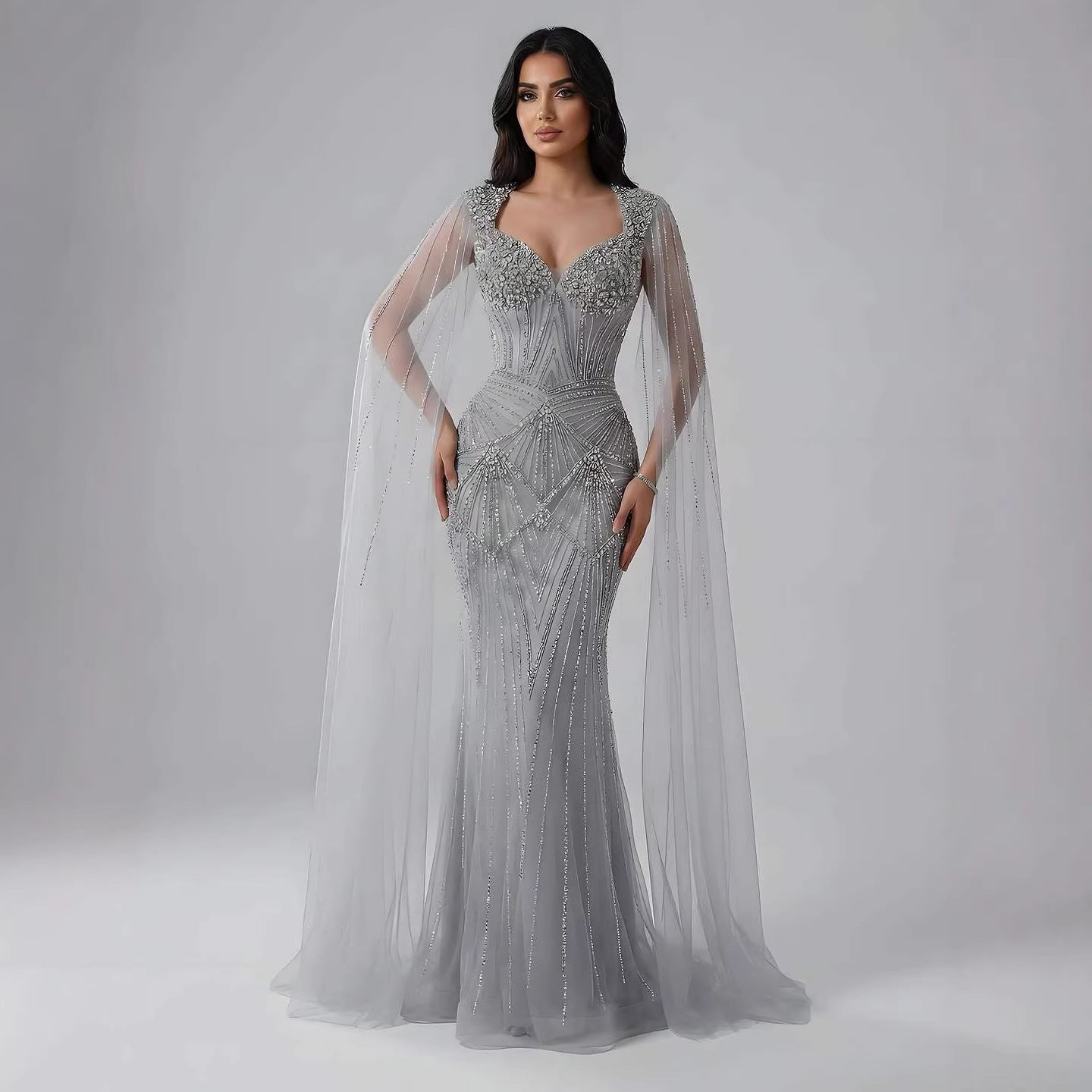 Luxury Dubai Pink Beaded Evening Dress With Cape LA73329 - SERENE  HILL