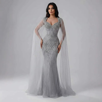 Luxury Dubai Pink Beaded Evening Dress With Cape LA73329 - SERENE  HILL