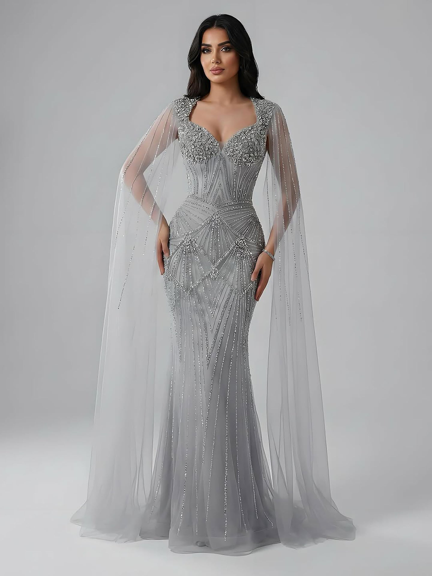 Luxury Dubai Pink Beaded Evening Dress With Cape LA73329 - SERENE  HILL