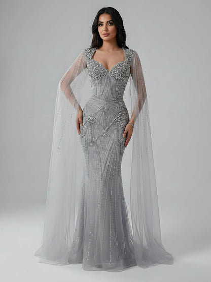 Luxury Dubai Pink Beaded Evening Dress With Cape LA73329 - SERENE  HILL