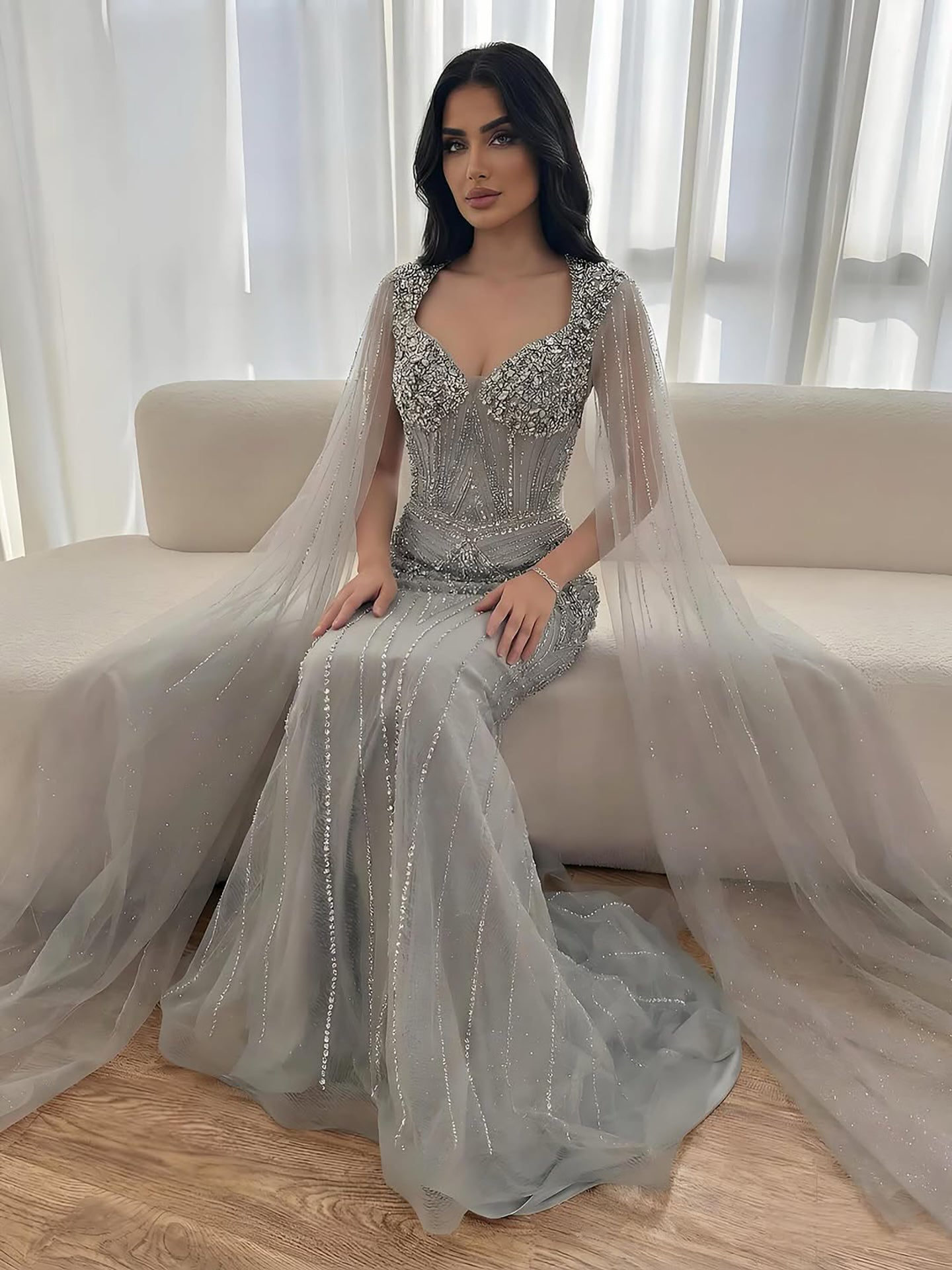 Luxury Dubai Pink Beaded Evening Dress With Cape LA73329 - SERENE  HILL