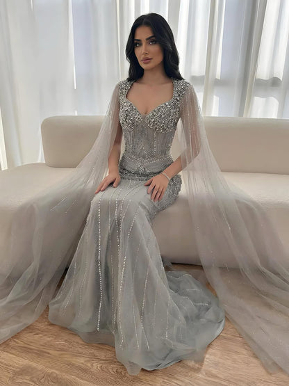 Luxury Dubai Pink Beaded Evening Dress With Cape LA73329 - SERENE  HILL