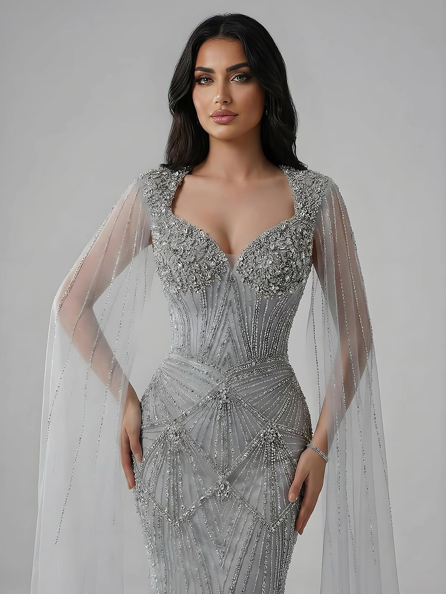 Luxury Dubai Pink Beaded Evening Dress With Cape LA73329 - SERENE  HILL