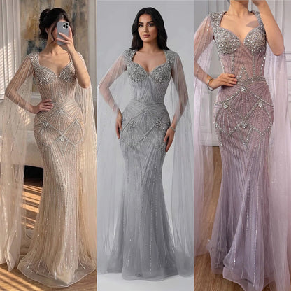 Luxury Dubai Pink Beaded Evening Dress With Cape LA73329