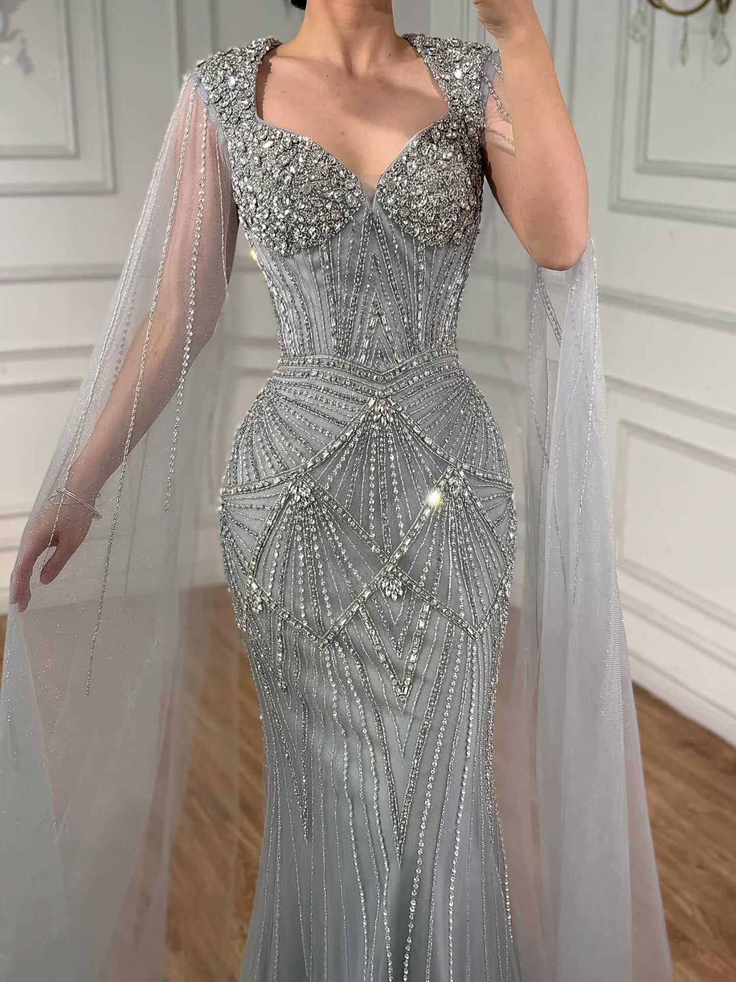 Luxury Dubai Pink Beaded Evening Dress With Cape LA73329 - SERENE  HILL