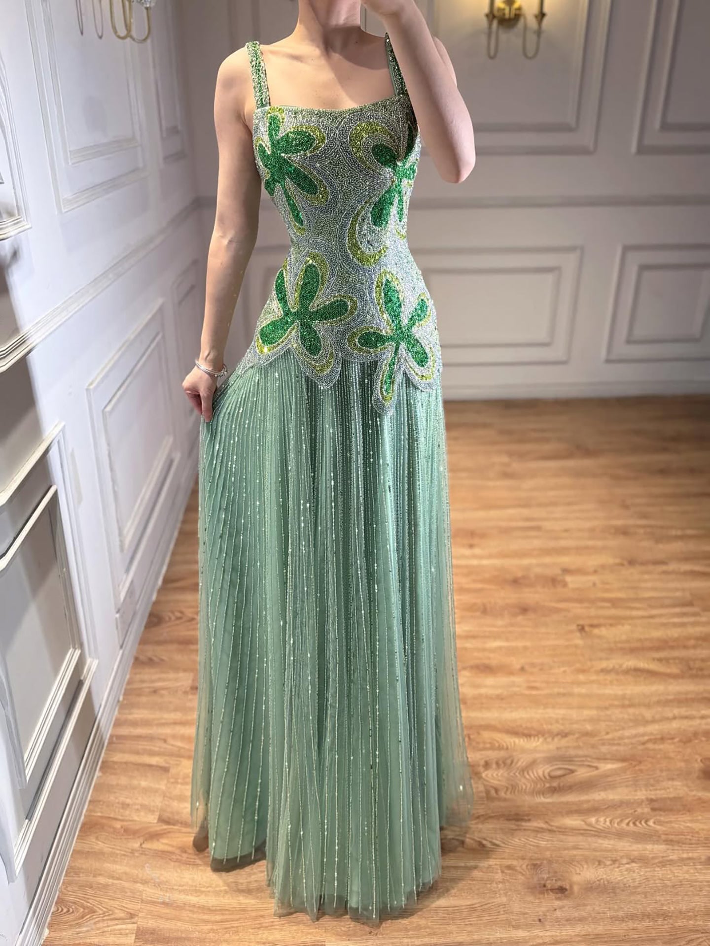 Luxury Arabic Green Beaded Spaghetti Strap Evening Dress LA73332 Green / 4 Luxury Arabic Green Beaded Spaghetti Strap Evening Dress LA73332 Green / 4