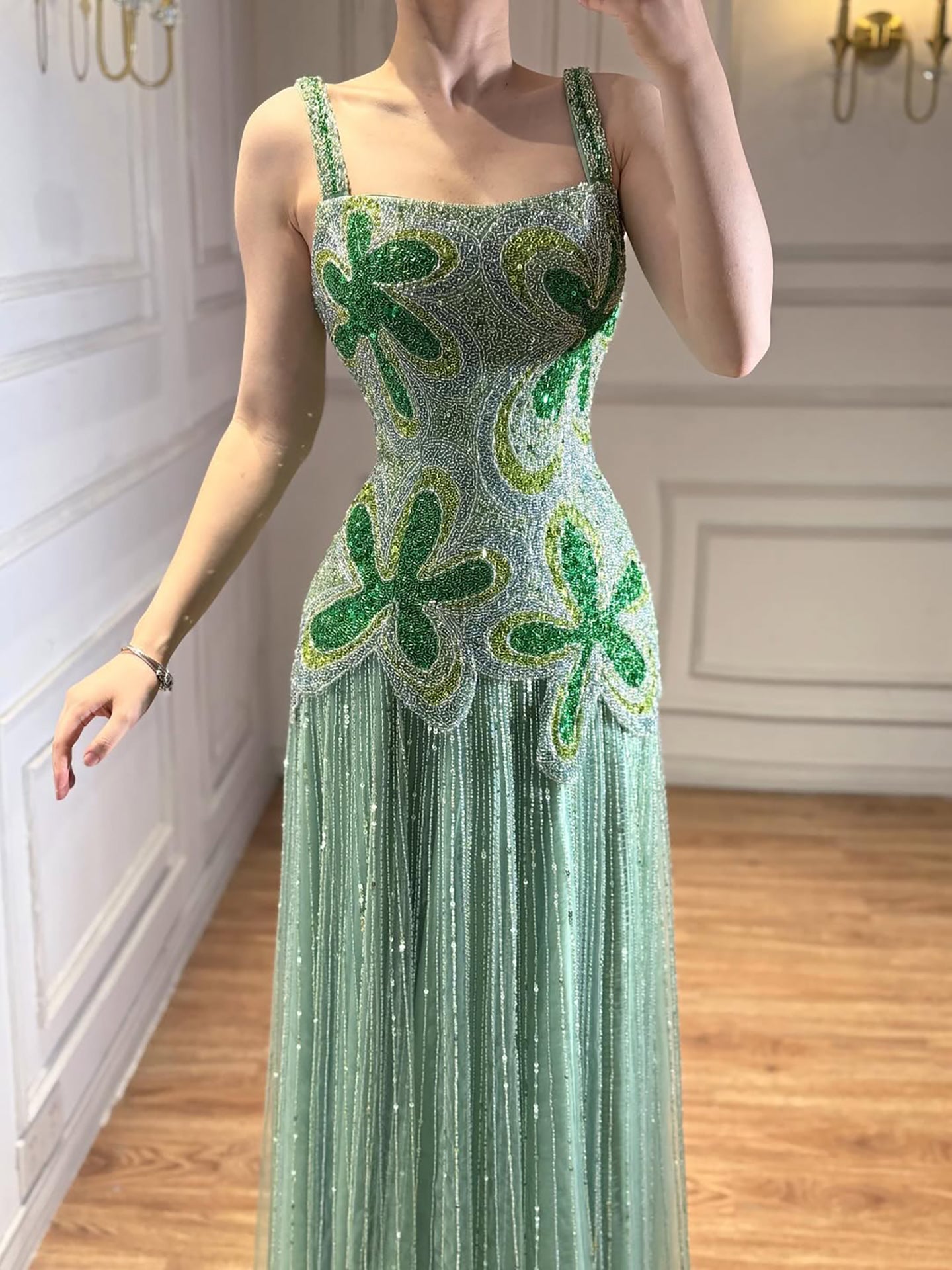 Luxury Arabic Green Beaded Spaghetti Strap Evening Dress LA73332 - SERENE  HILL