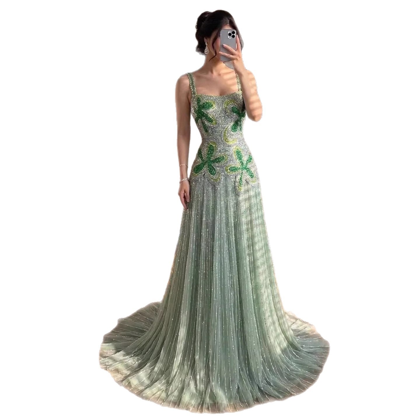 Luxury Arabic Green Beaded Spaghetti Strap Evening Dress LA73332 - SERENE  HILL