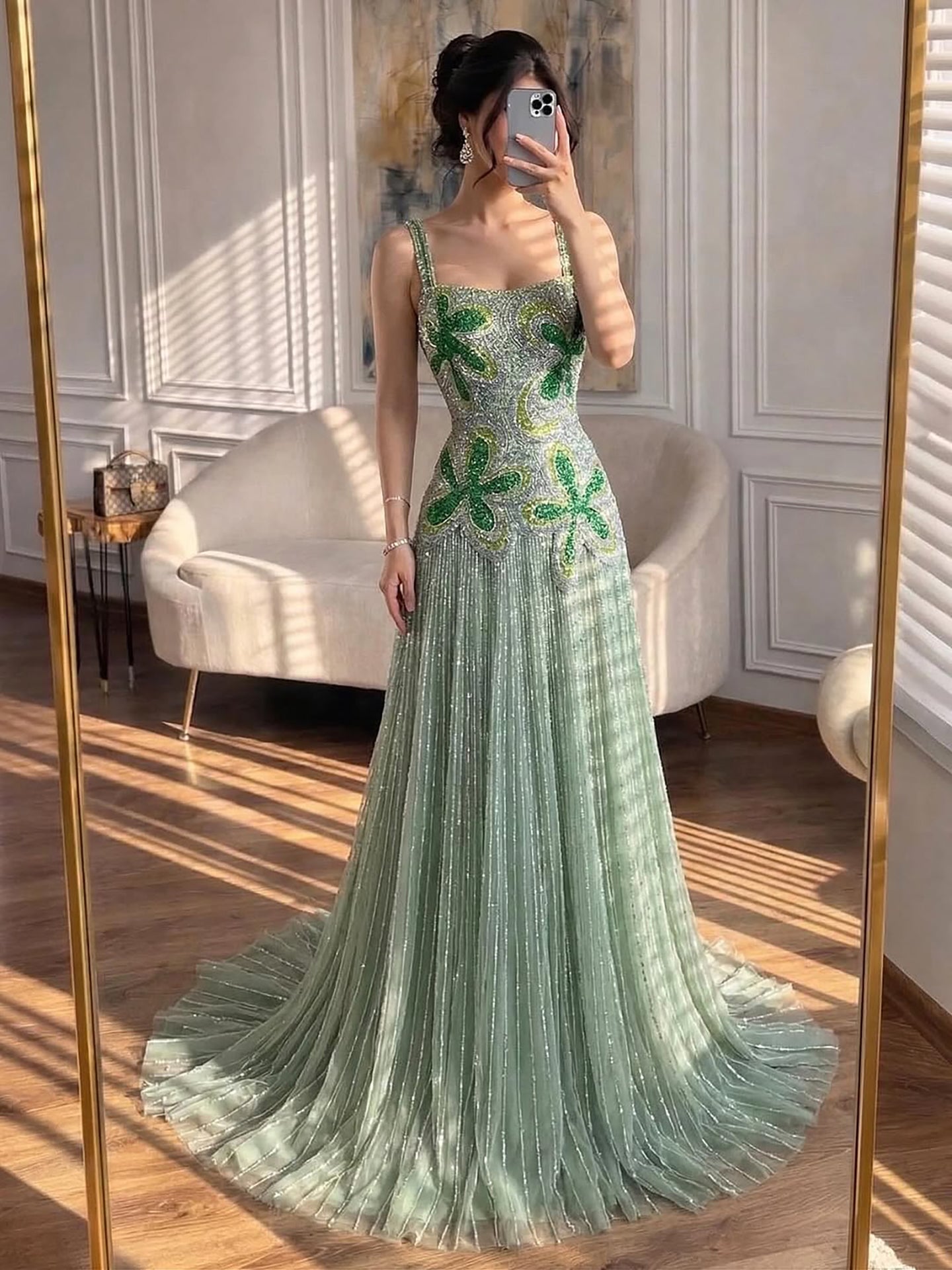 Luxury Arabic Green Beaded Spaghetti Strap Evening Dress LA73332 Green / 4