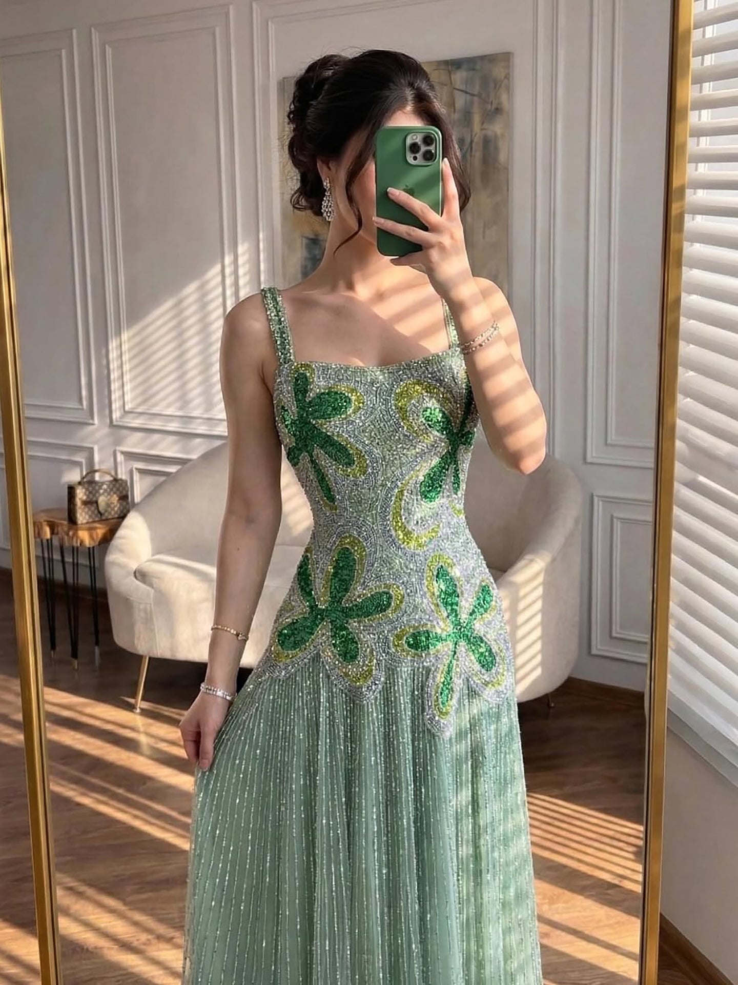 Luxury Arabic Green Beaded Spaghetti Strap Evening Dress LA73332 Green / 4
