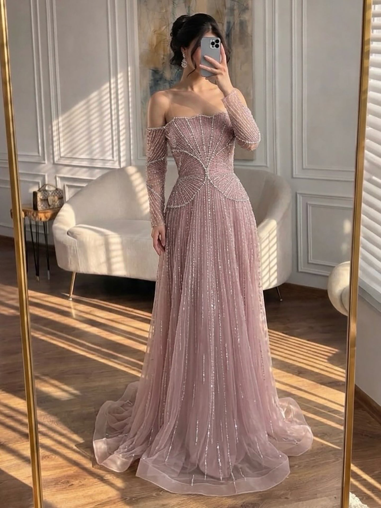 Luxury Beige Arabic A-Line Evening Dress 2026 For Wedding Party LA73333