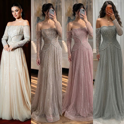 Luxury Modest Beige Arabic A-Line Evening Dress 2026 For Wedding Party LA73333