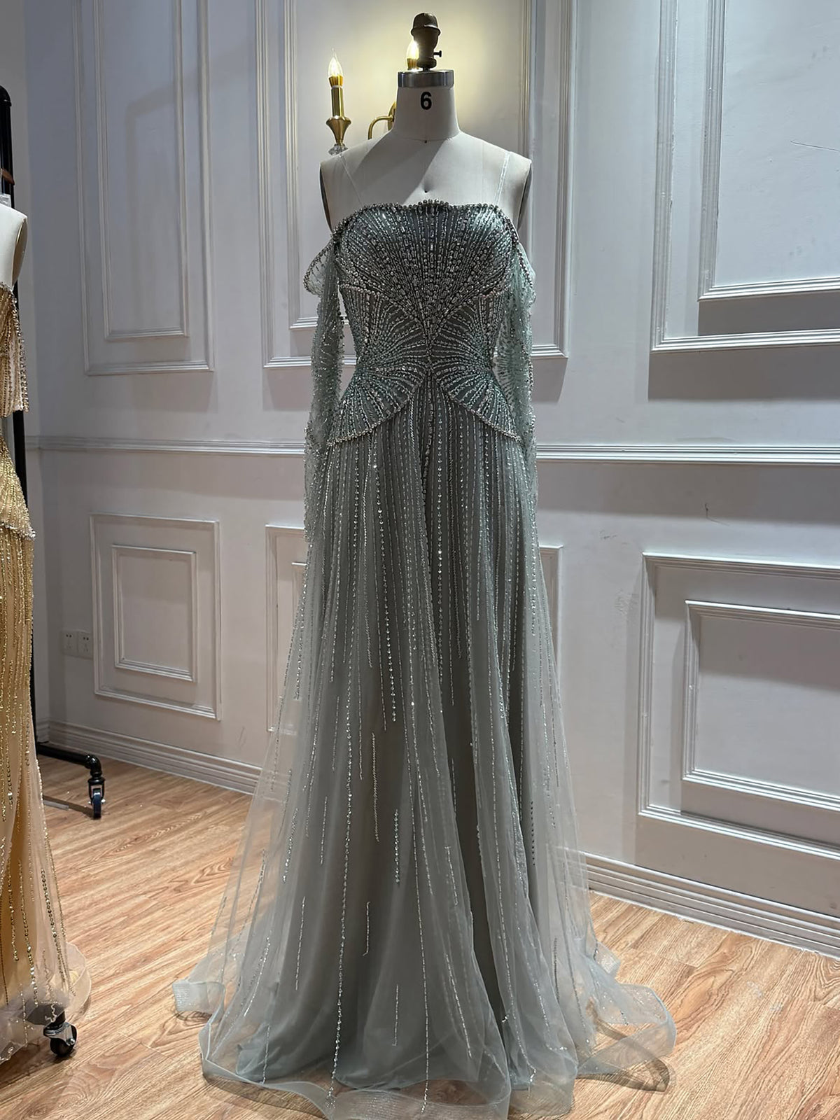 Luxury Modest Beige Arabic A-Line Evening Dress 2026 For Wedding Party LA73333