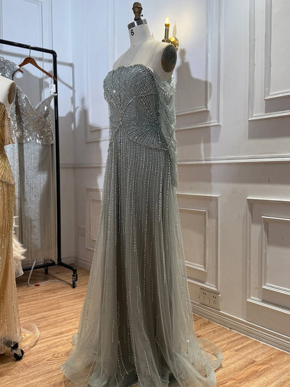 Luxury Modest Beige Arabic A-Line Evening Dress 2026 For Wedding Party LA73333