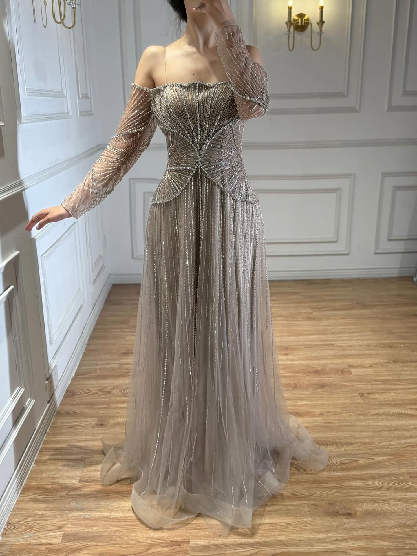 Luxury Beige Arabic A-Line Evening Dress 2026 For Wedding Party LA73333