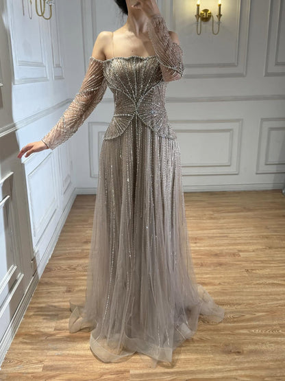 Luxury Beige Arabic A-Line Evening Dress 2026 For Wedding Party LA73333