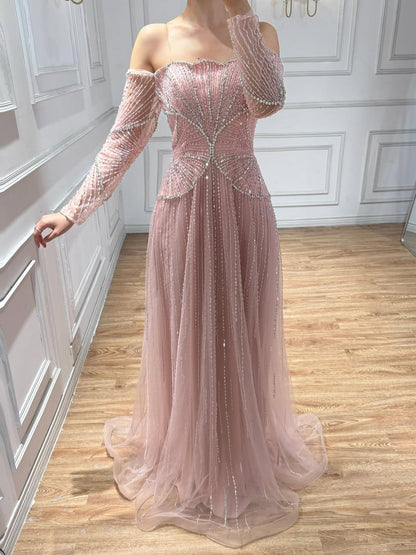 Luxury Beige Arabic A-Line Evening Dress 2026 For Wedding Party LA73333