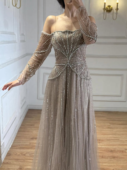 Luxury Beige Arabic A-Line Evening Dress 2026 For Wedding Party LA73333
