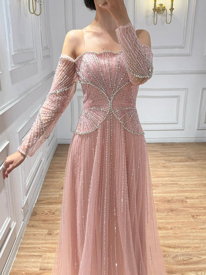 Luxury Beige Arabic A-Line Evening Dress 2026 For Wedding Party LA73333