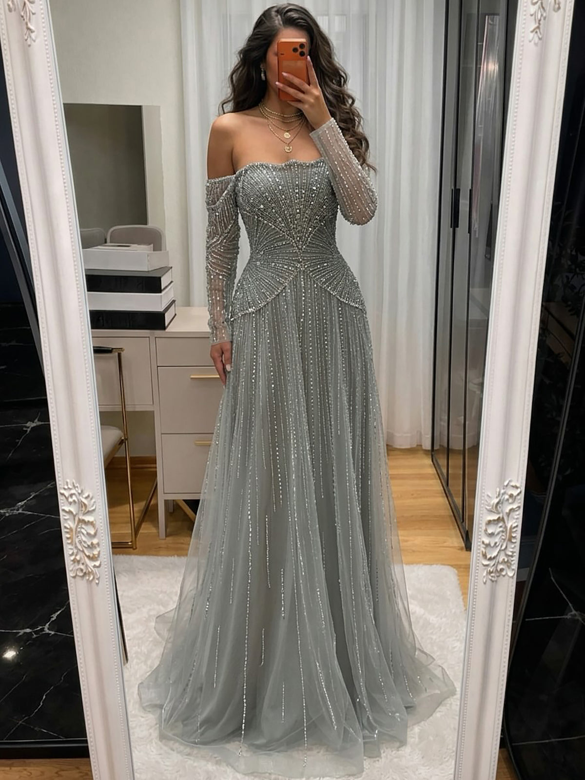 Luxury Modest Beige Arabic A-Line Evening Dress 2026 For Wedding Party LA73333