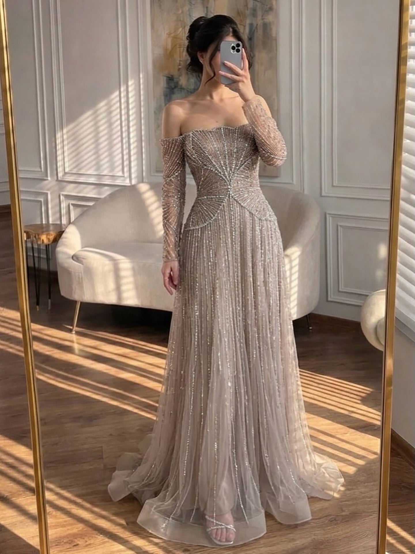 Luxury Beige Arabic A-Line Evening Dress 2026 For Wedding Party LA73333