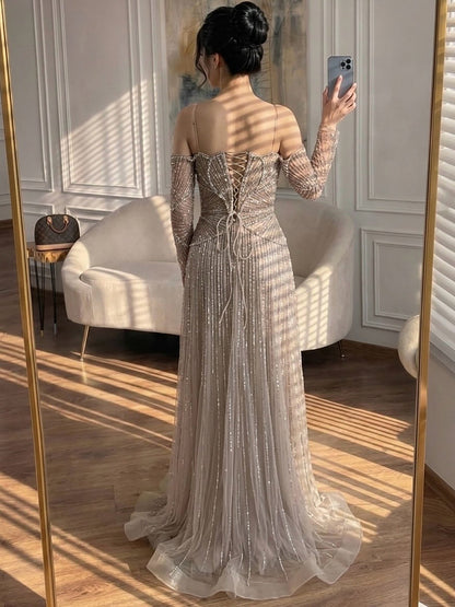 Luxury Beige Arabic A-Line Evening Dress 2026 For Wedding Party LA73333