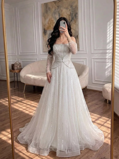 Luxury Beige Arabic A-Line Evening Dress 2026 For Wedding Party LA73333