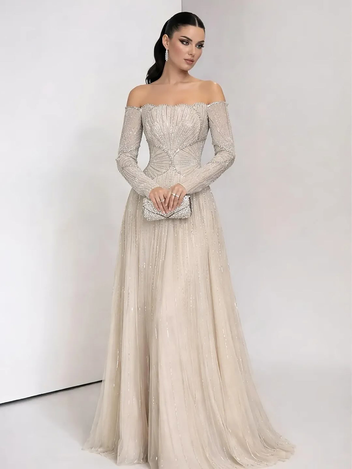 Luxury Modest Beige Arabic A-Line Evening Dress 2026 For Wedding Party LA73333