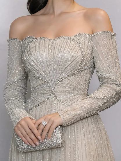 Luxury Beige Arabic A-Line Evening Dress 2026 For Wedding Party LA73333