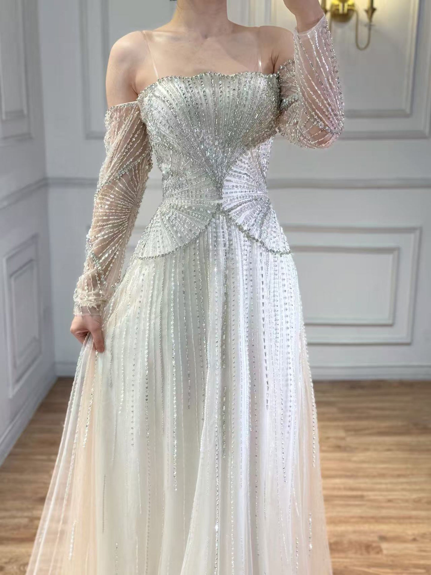 Luxury Beige Arabic A-Line Evening Dress 2026 For Wedding Party LA73333