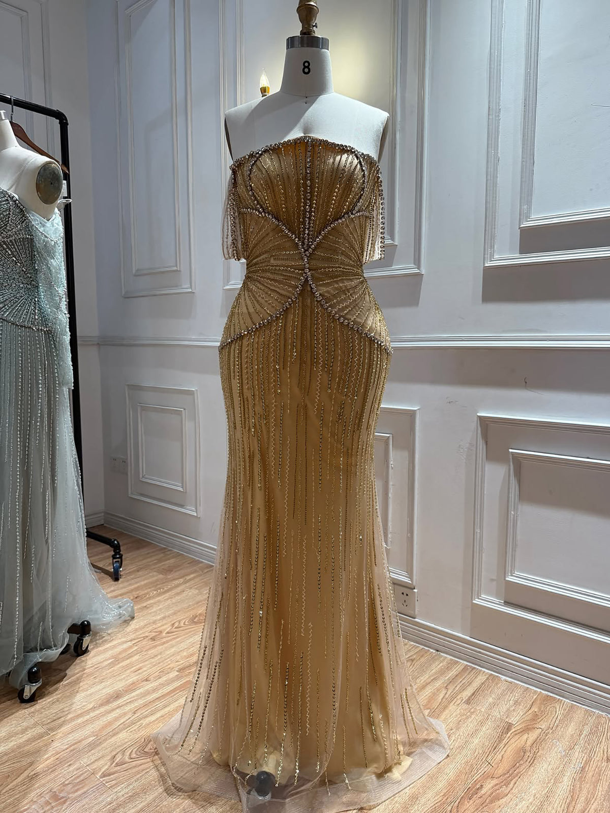 Luxury Gold Off Shoulder Beaded Mermaid Evening Dress LA73333A