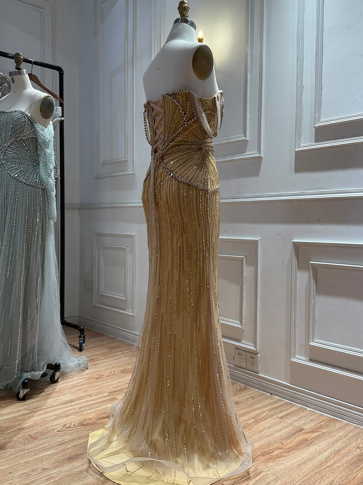 Luxury Gold Off Shoulder Beaded Mermaid Evening Dress LA73333A
