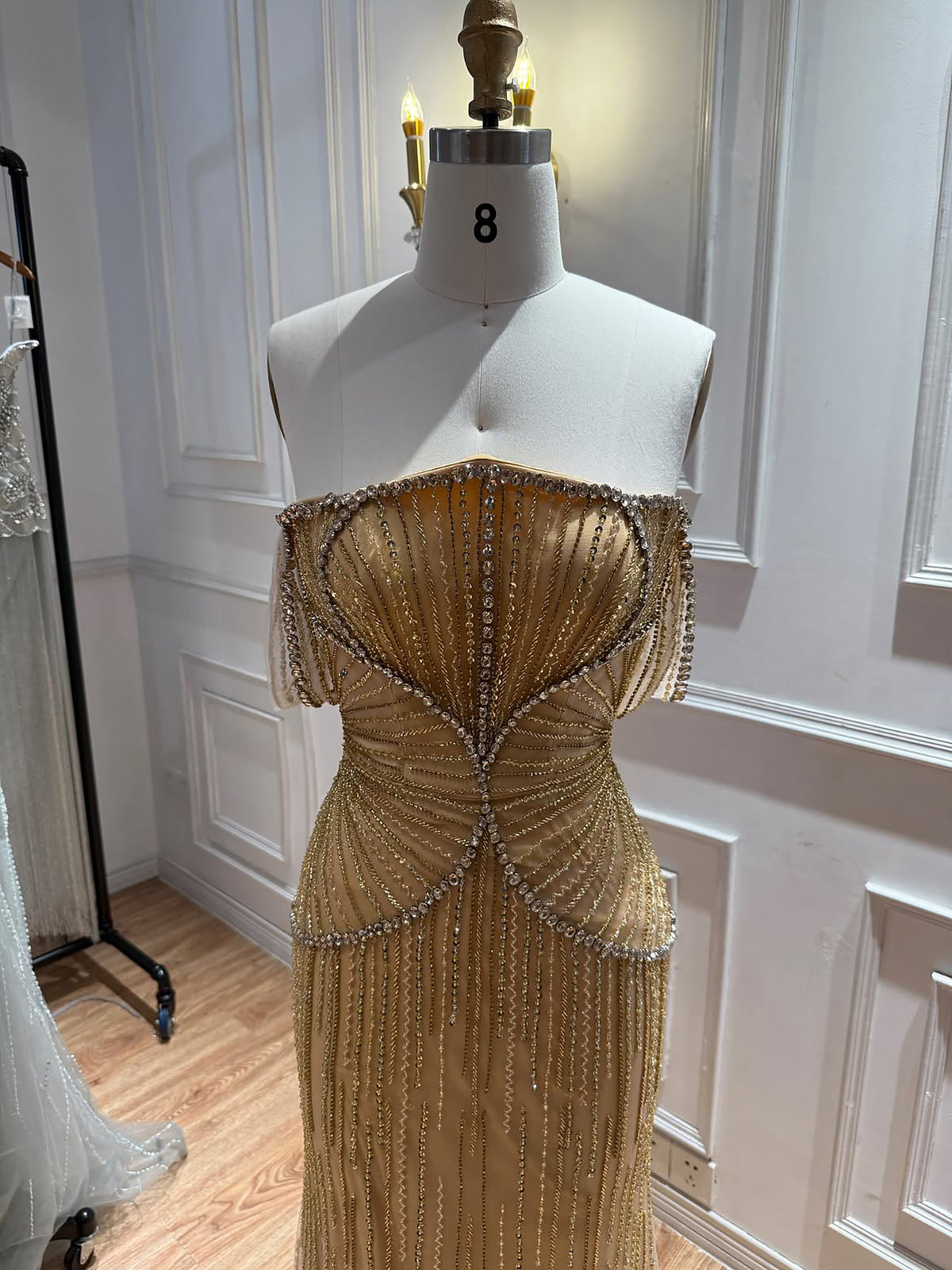 Luxury Gold Off Shoulder Beaded Mermaid Evening Dress LA73333A