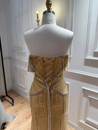 Luxury Gold Off Shoulder Beaded Mermaid Evening Dress LA73333A