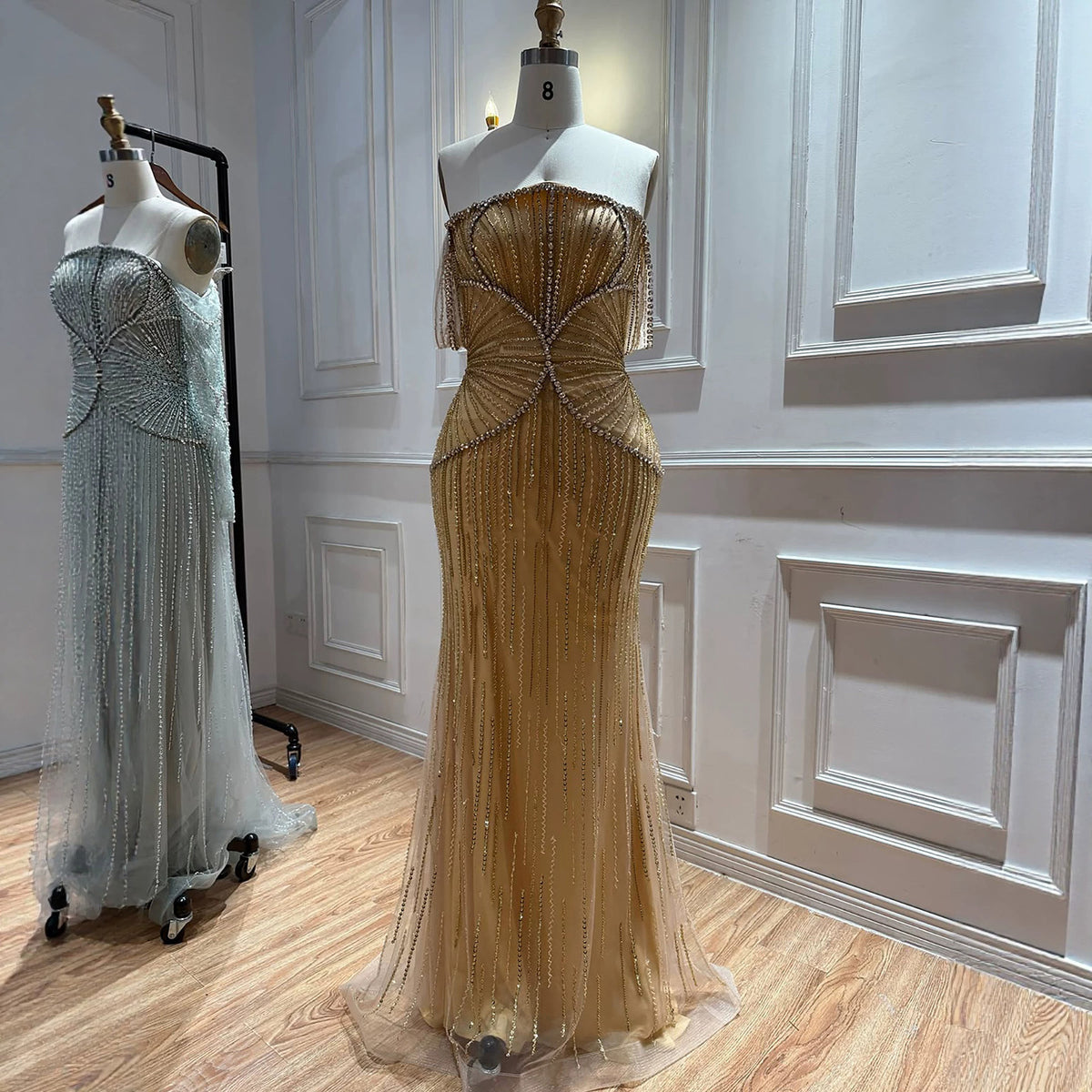 Luxury Gold Off Shoulder Beaded Mermaid Evening Dress LA73333A