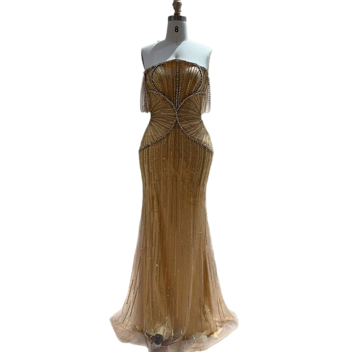 Luxury Gold Off Shoulder Beaded Mermaid Evening Dress LA73333A