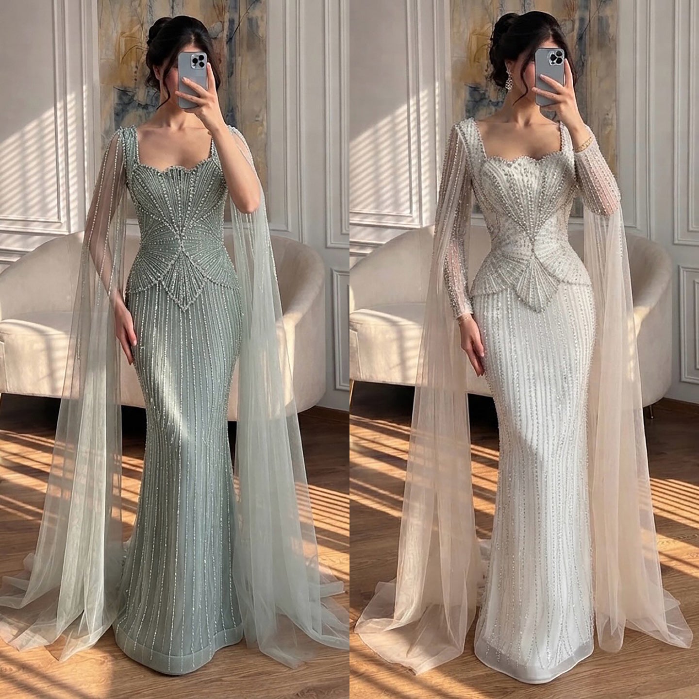 Luxury Beige Crystal Beaded Mermaid Gown with Split Cape Sleeves LA73333B SERENE HILL