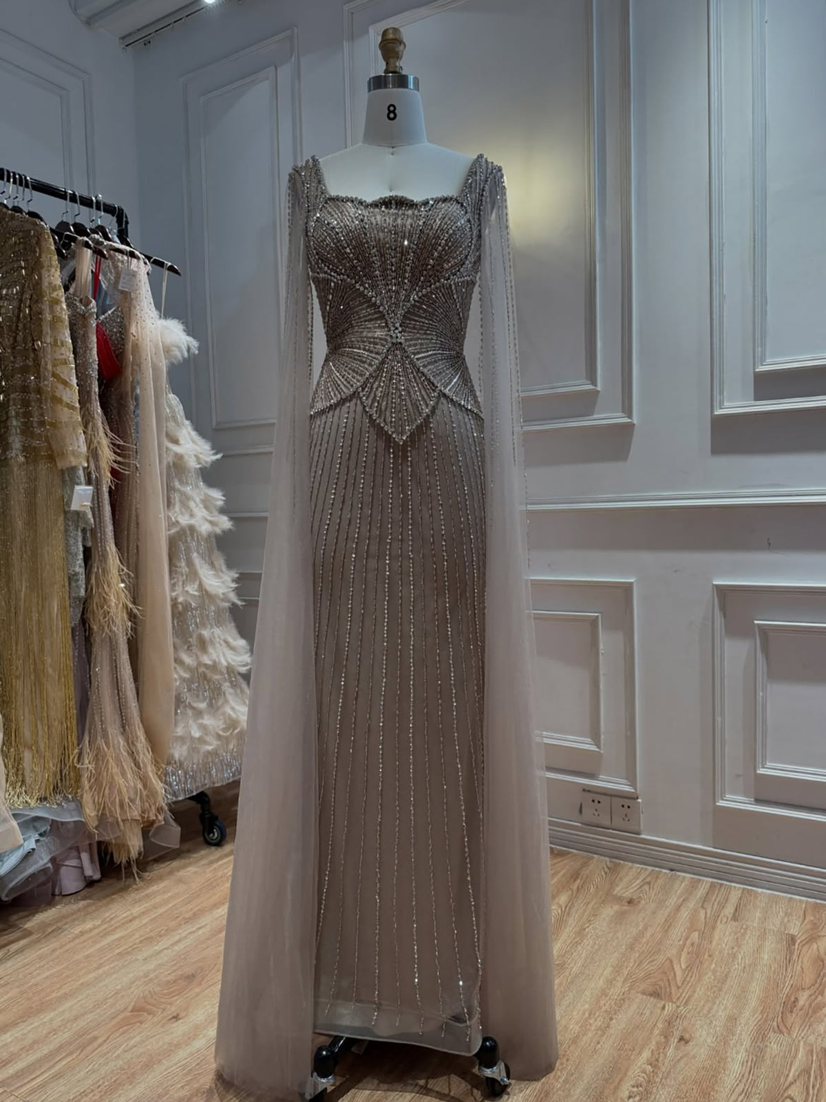 Luxury Modest Beige Crystal Beaded Mermaid Gown with Split Cape Sleeves LA73333B