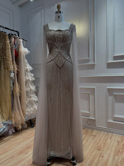 Luxury Modest Beige Crystal Beaded Mermaid Gown with Split Cape Sleeves LA73333B