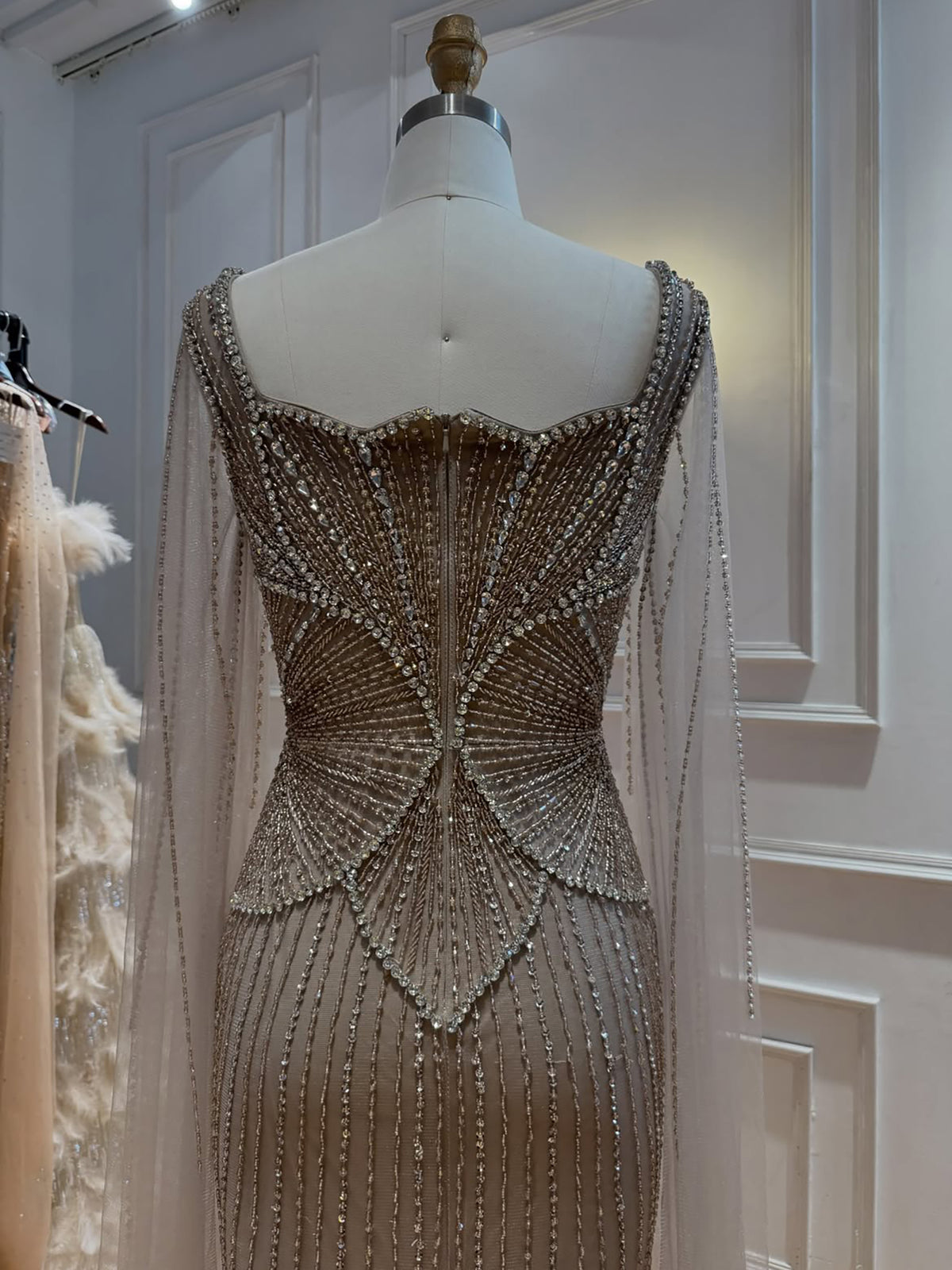 Luxury Modest Beige Crystal Beaded Mermaid Gown with Split Cape Sleeves LA73333B