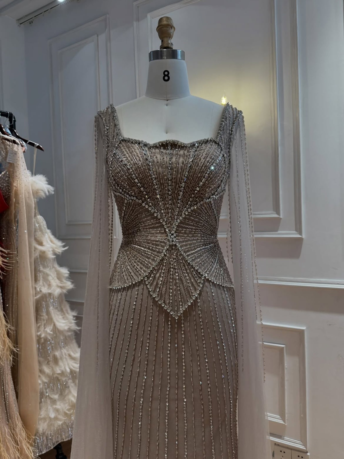 Luxury Modest Beige Crystal Beaded Mermaid Gown with Split Cape Sleeves LA73333B
