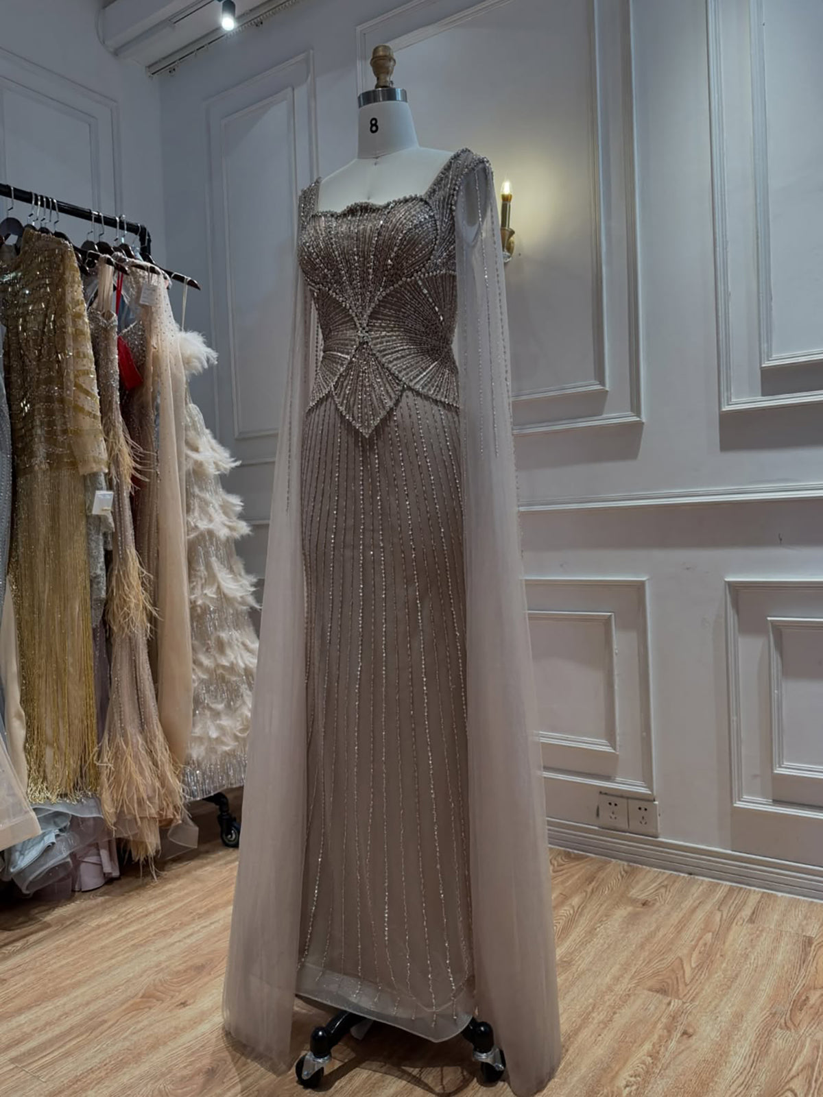 Luxury Modest Beige Crystal Beaded Mermaid Gown with Split Cape Sleeves LA73333B
