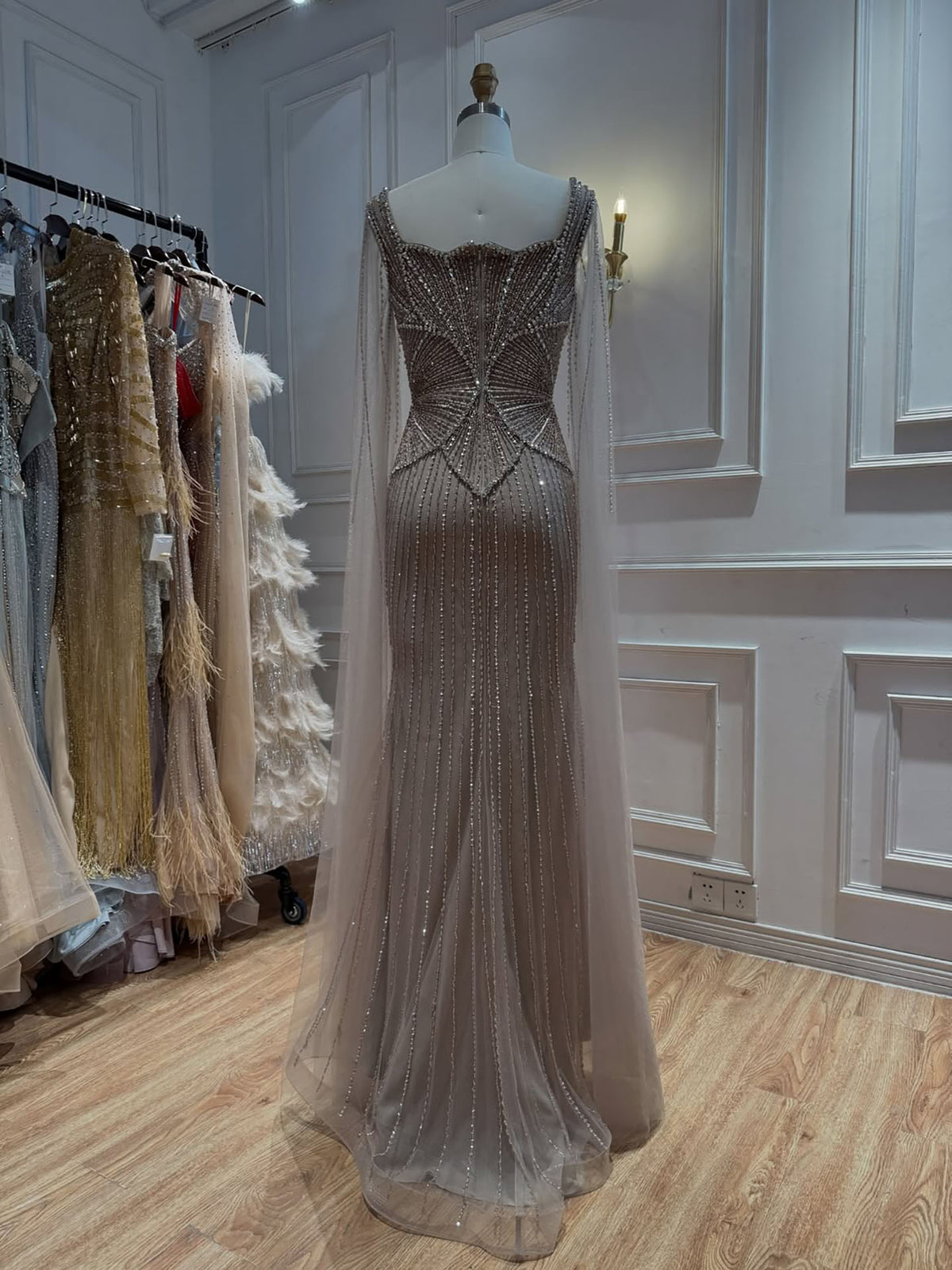 Luxury Modest Beige Crystal Beaded Mermaid Gown with Split Cape Sleeves LA73333B